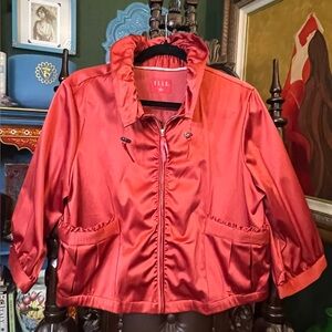 Elle Crimson Red Satin Cropped Zipper Feminine Jacket Ruffle Collar Size Large